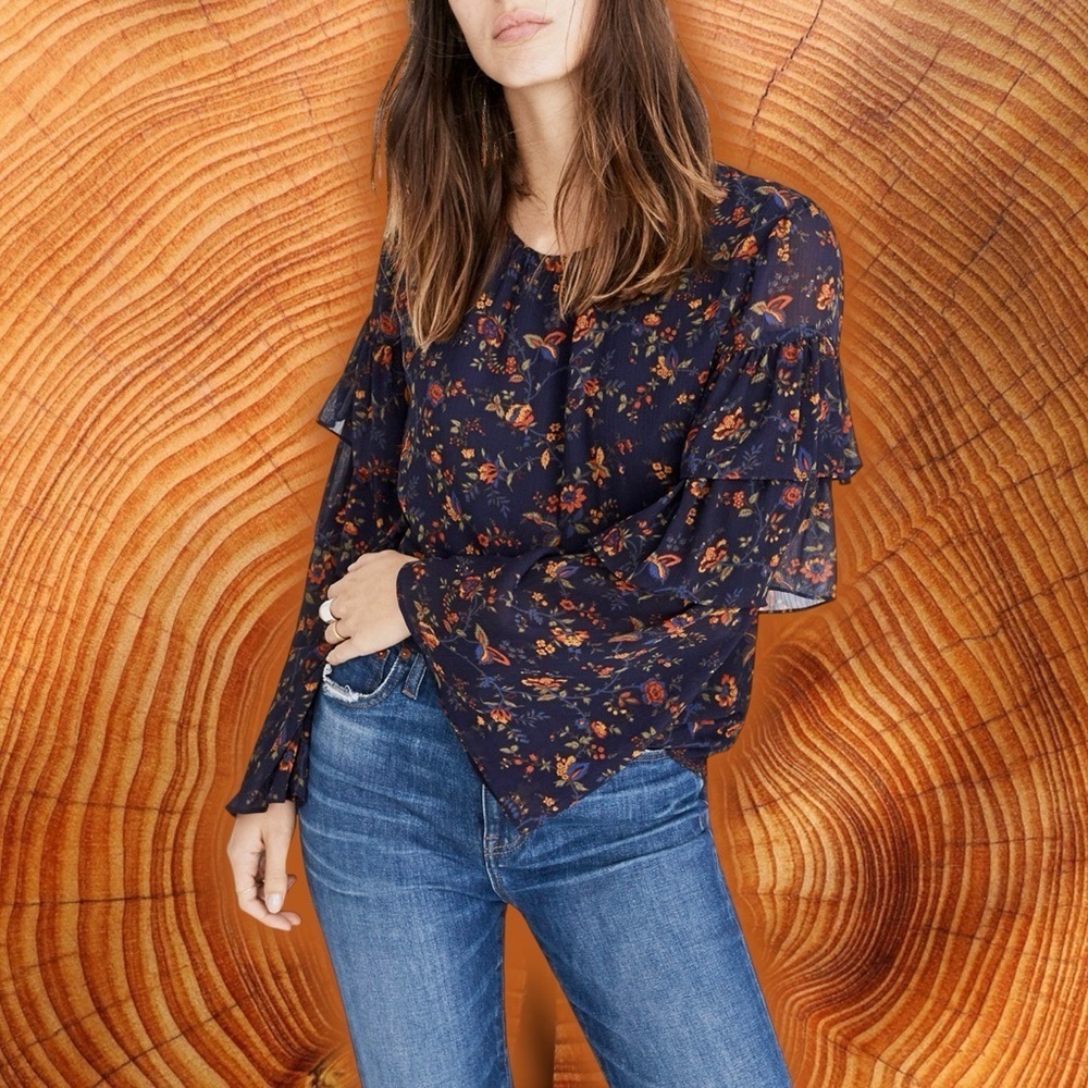 Madewell ‘Ruffle Sleeve Top’ in “Oriental Floral Midnight” Navy Blue Size Small
